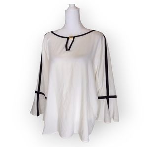 CALVIN KLEIN WHITE BLOUSE & BLACK TRIM 3/4 BELL SLEEVE ROUND NECK Size Large
